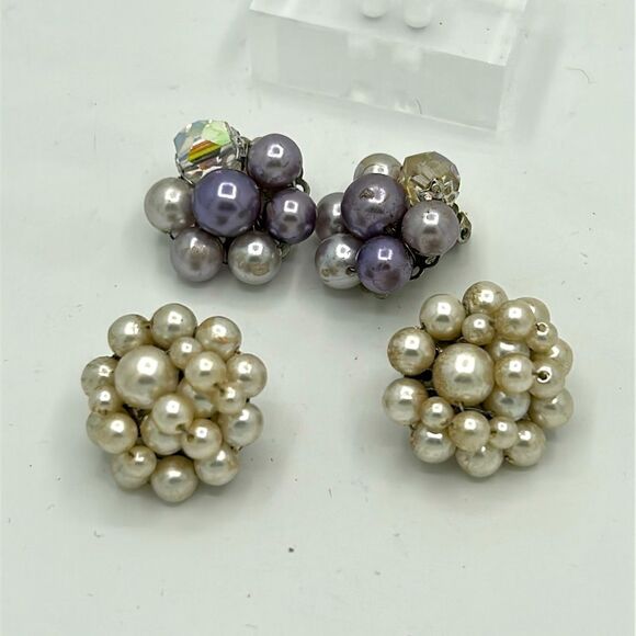 Signed Japan Pearl Cluster Earrings - Picture 1 of 13
